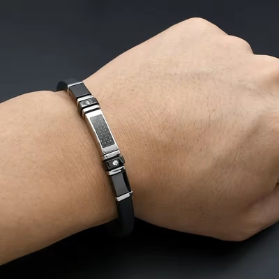 Stainless Steel Soft Rubber Bracelet with Carbon Fiber Plate Punk Style White Setting CZ Silicone Luxury Men's Jewelry